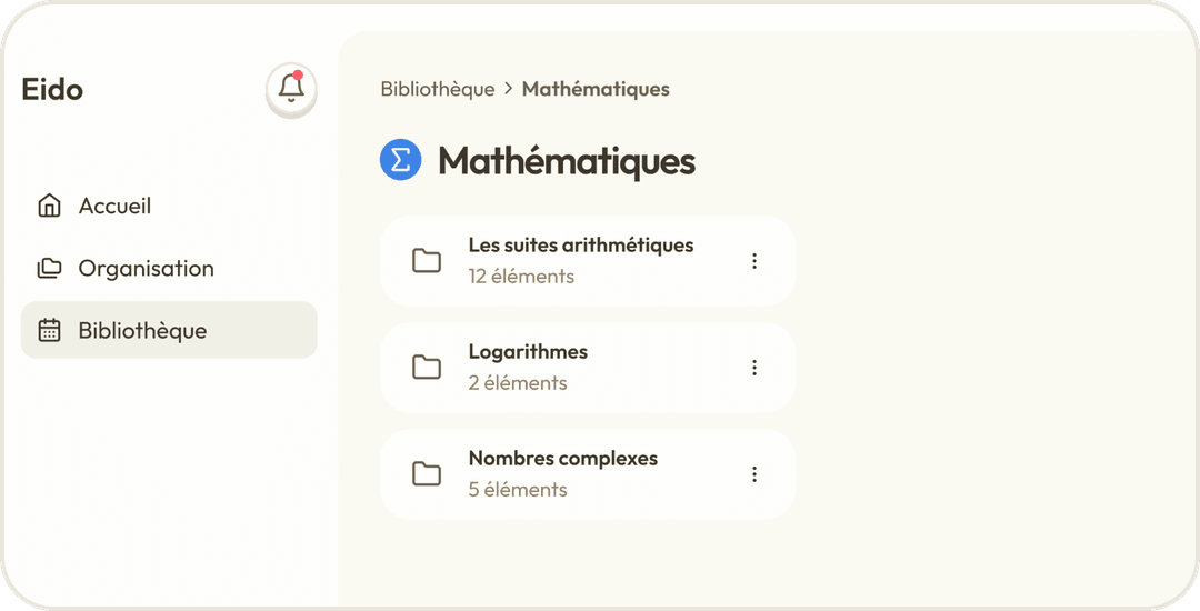 Interface de l'application pour organiser facilement les ressources éducatives des étudiants