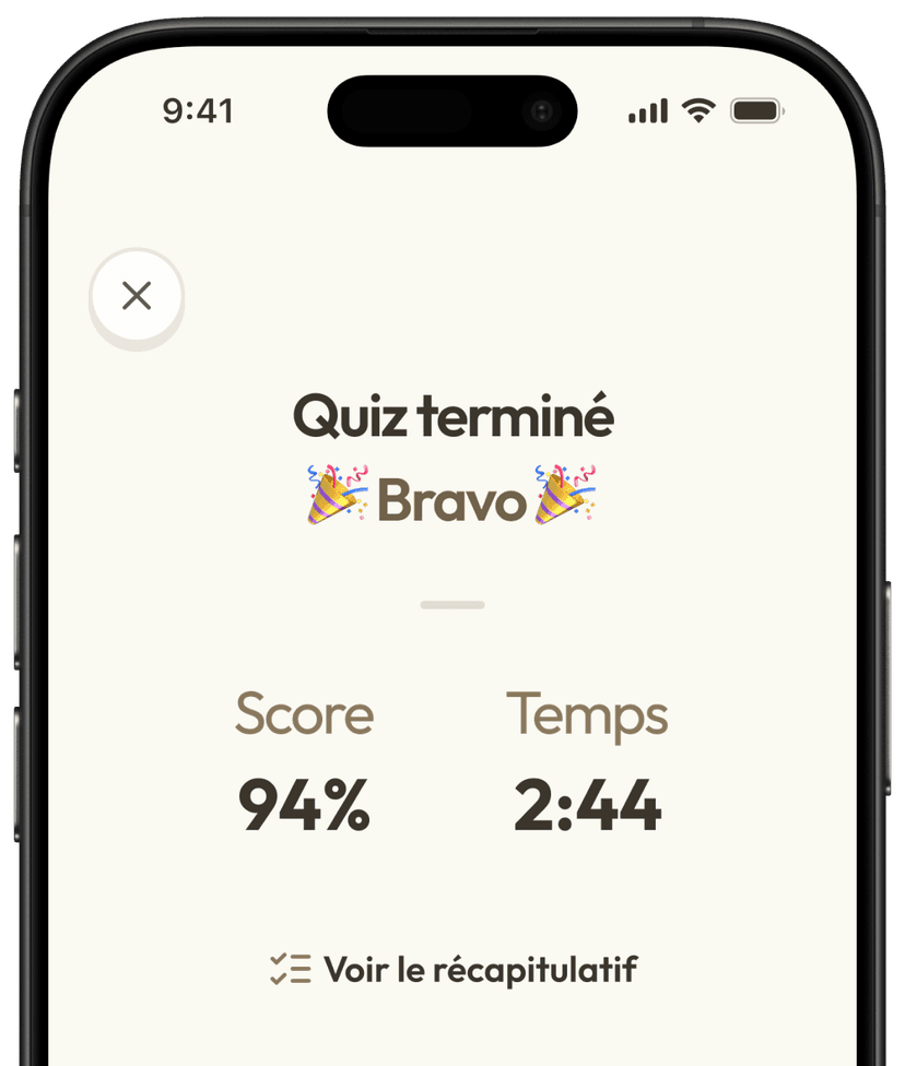 Capture d'écran d'un smartphone montrant les résultats d'un quiz personnalisé dans l'application Eido pour les révisions